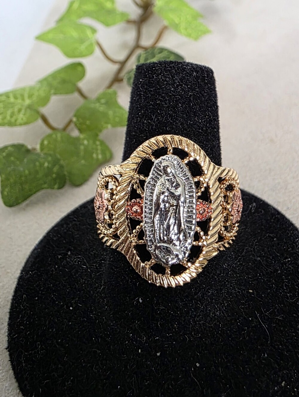 ​Gold Filled Virgin Mary Tri Color Statement Ring Size 9